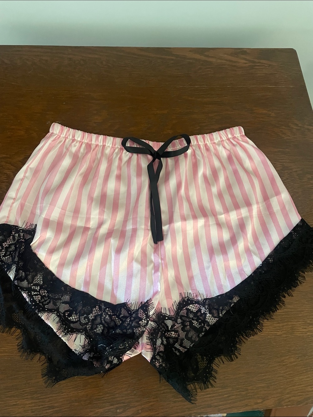 Women's Pink Stripe Satin Sleep Shorts with Black Lace Trim small